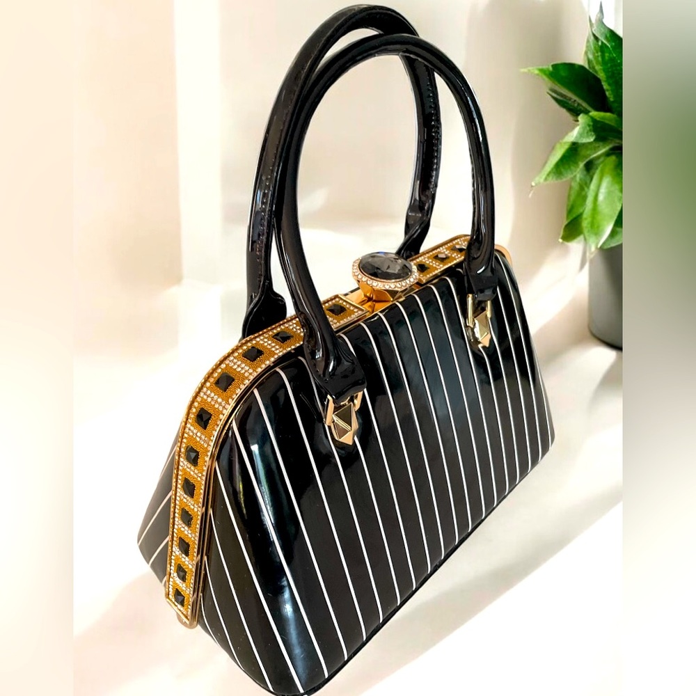 Black Patent Faux-leather Striped Handbag Rhinestone & Jewel Embellishments